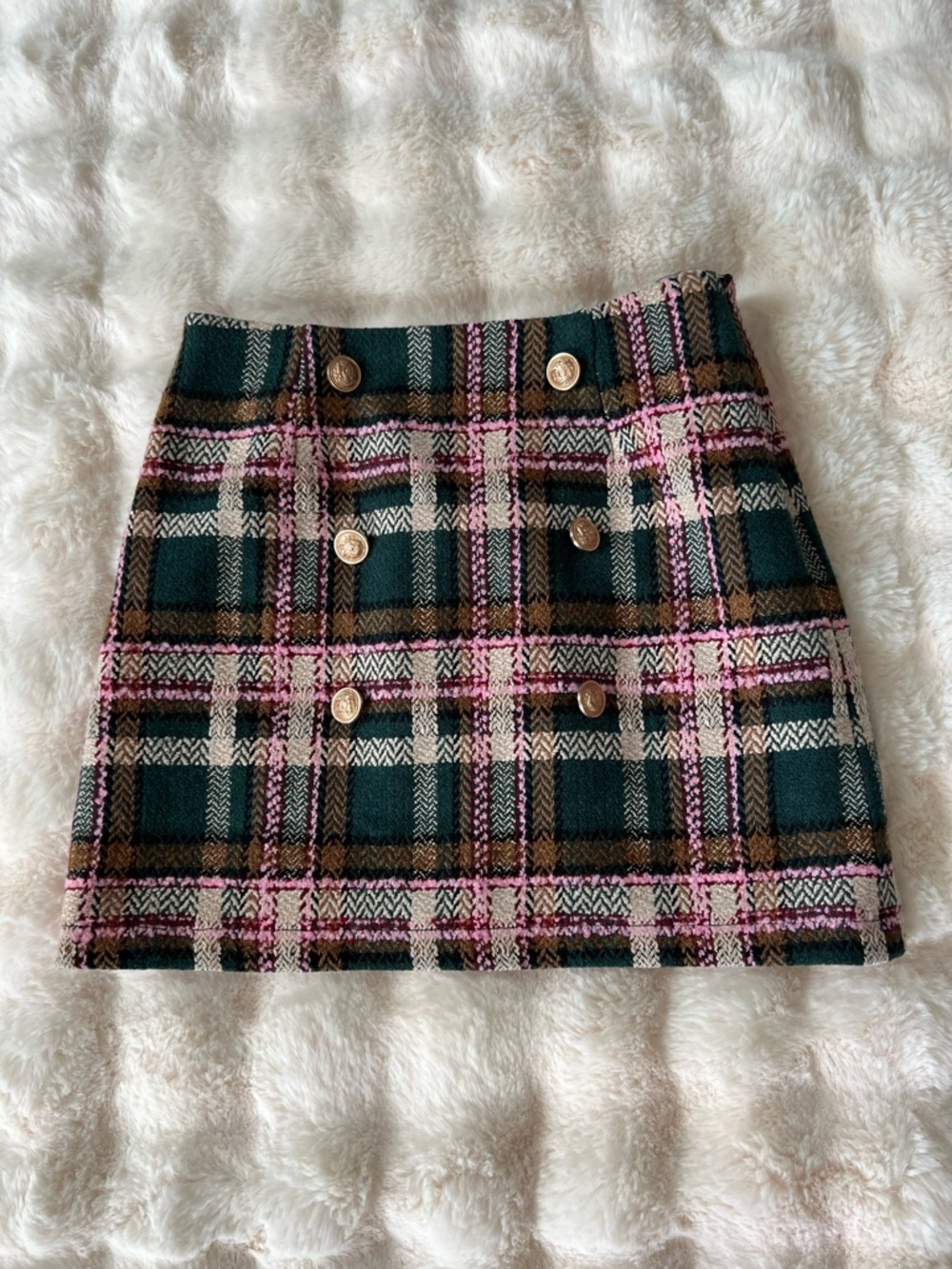 Fate Pink and Dark Green Plaid Mini Skirt with Gold Buttons